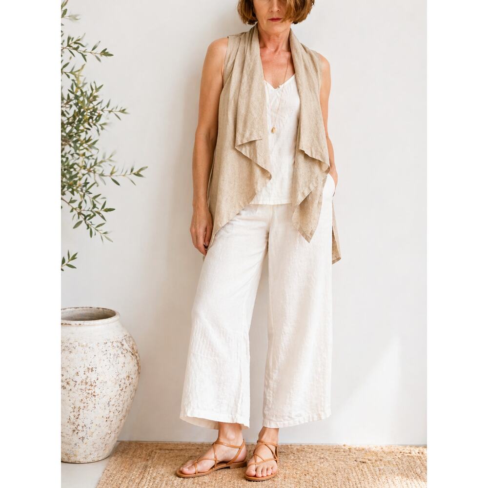 MM Couture Linen Vest Size Medium Neutral Lagenlook Layering summer vibes